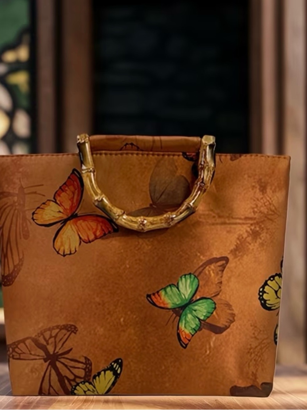 Butterfly-Print Tote Bag with Bamboo-Style Handles- by GECKO